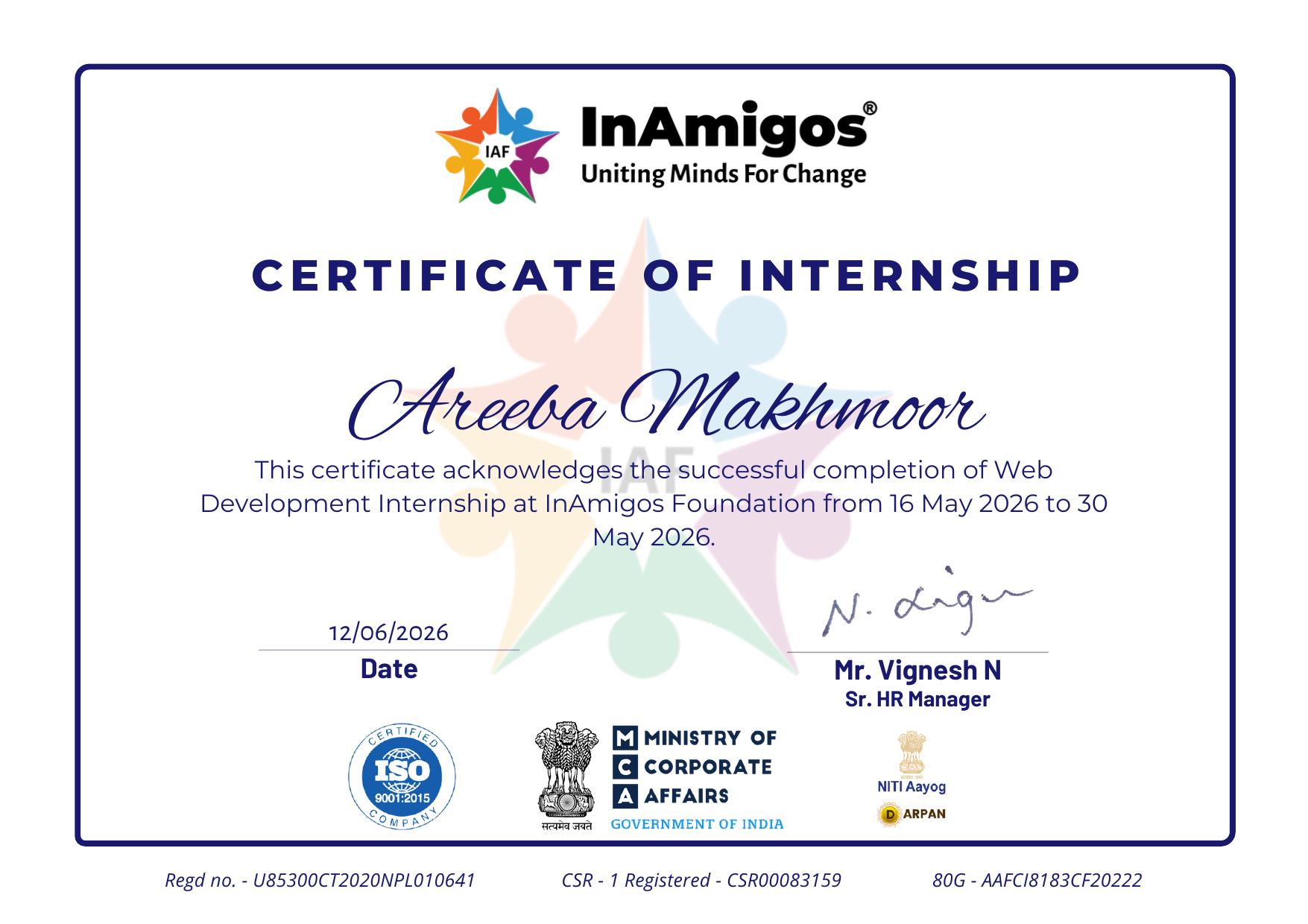 Web Development Internship Completion Certificate issued by InAmigos Foundation